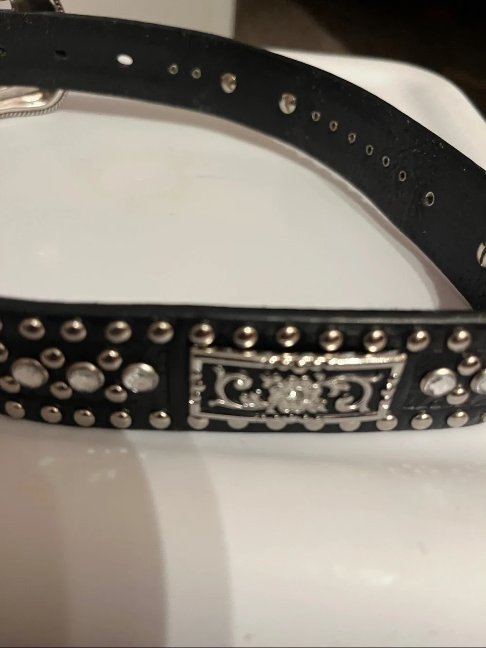 Studded Black Western Leather Belt with Ornate Silver Buckle Size 22